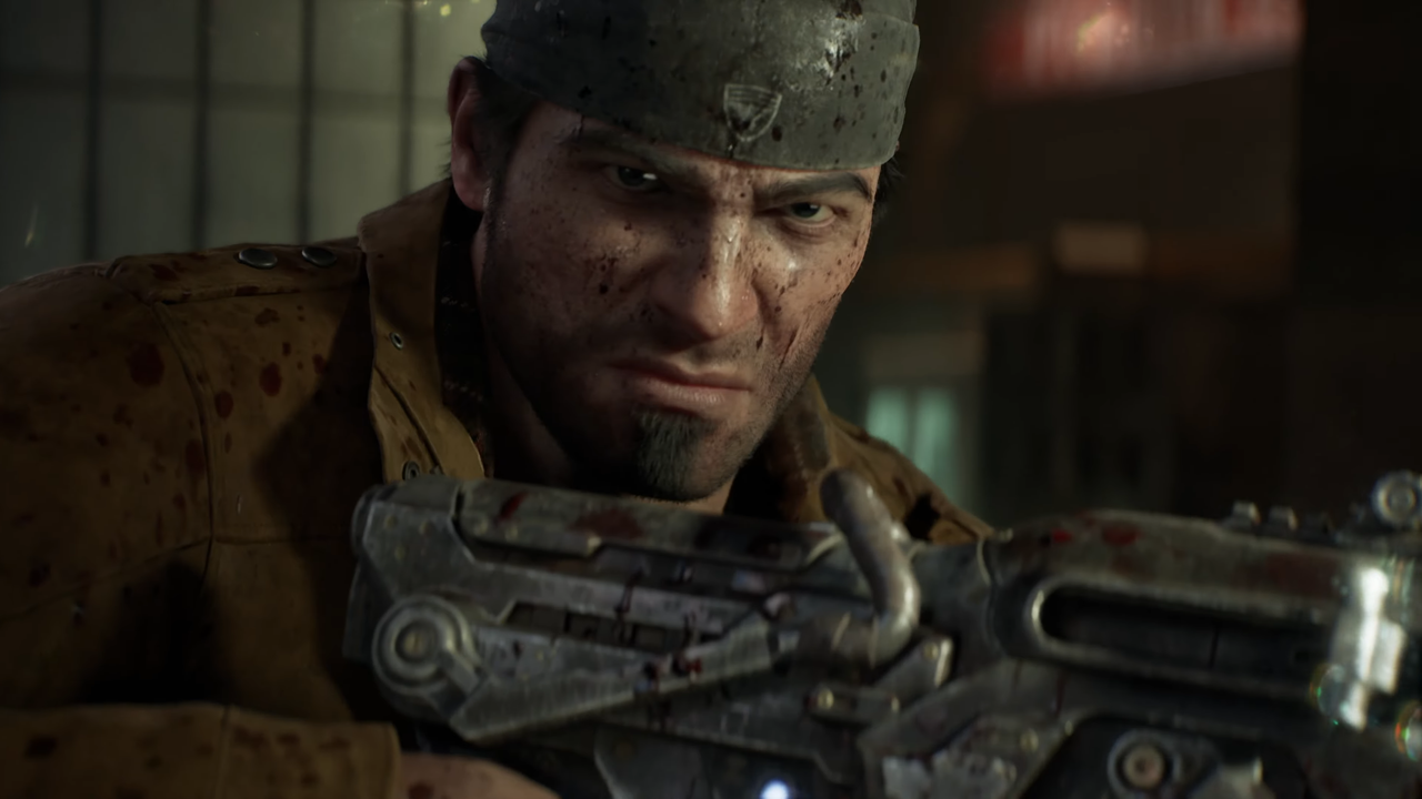 Gears of War E-Day key art with an armored soldier against a burning city skyline