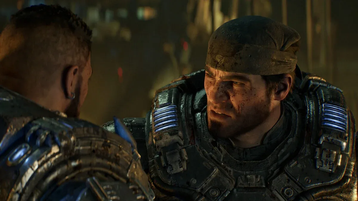 Gears of War E-Day logo with a burning city skyline motif