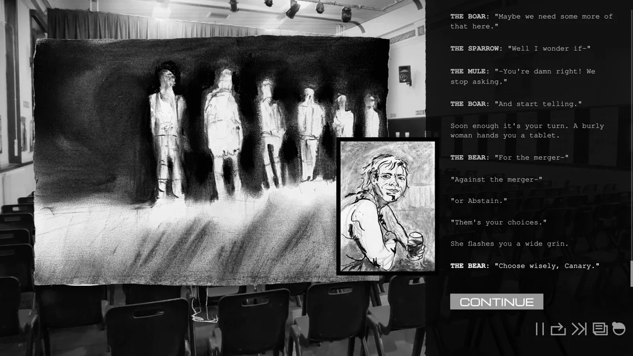 A Line Held Tight character art in the game&rsquo;s signature charcoal style